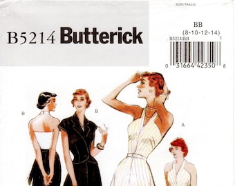 Sz 8/10/12/14 - Butterick Retro Dress Pattern B5214 - Misses' Retro 1947 Flared Halter Dress, Jacket and Belt - Butterick Patterns