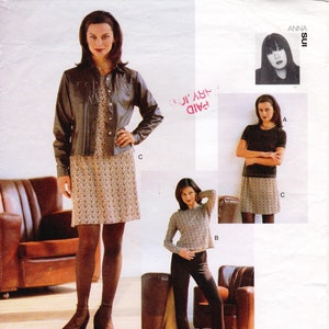 May include: Vogue Attitudes pattern 2048 featuring a woman modeling various outfits. The outfits include a long-sleeved jacket and dress, a short-sleeved top and skirt, and a long-sleeved top with pants. The pattern size is 6-8-10.