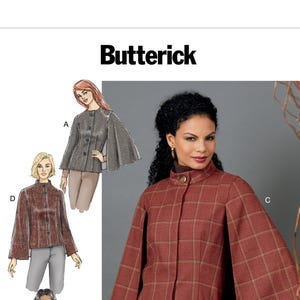 May include: Butterick B6603 sewing pattern envelope featuring illustrations and a photograph of a cape-style jacket. The garment has a high collar, front button closure, and wide cape sleeves. The design is shown in various colors and plaid patterns.