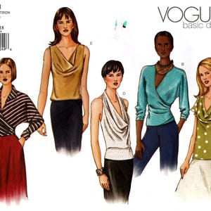 May include: Vogue Basic Design sewing pattern 2611 featuring five top variations. Styles include a striped wrap blouse, a sleeveless cowl neck top, a halter neck top, a long-sleeve wrap top, and a polka dot top with flutter sleeves.