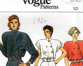Vogue Schnittmuster 9652 - Misses Kleid - Erhöhter Kragen oder Rundhalsausschnitt, Blouson Mieder, Ausgestellter oder Gerader Saum - Rare 1980's - Gr. 10