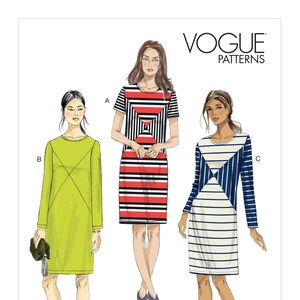 May include: A sewing pattern for a dress with three different variations. The dress is a simple, straight silhouette with a round neckline and short or long sleeves. The pattern includes instructions for making the dress in three different color combinations: black and white stripes, red and white stripes, and blue and white stripes. The pattern is labeled "Vogue Patterns V9240".