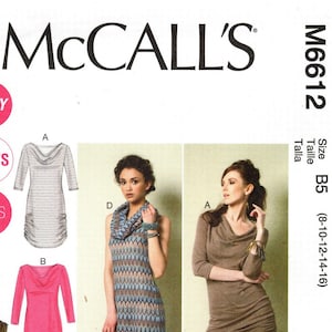 Sz 8/10/12/14/16 - McCall&#39;s Pattern M6612 - Misses&#39; & Women&#39;s Pullover Dresses - Scoop Neck Dress, Optional Drape, Ruched Hemline, Sleeves