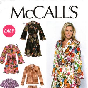May include: McCall's M6659 sewing pattern featuring various pajama styles. The pattern includes options for a robe, long-sleeved top and pants, short-sleeved top and pants, and shorts. The cover shows a woman wearing a floral pajama set.