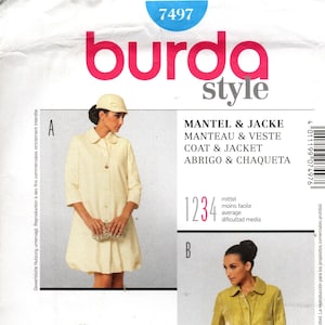 May include: Burda Style sewing pattern 7497 for a coat and jacket. The pattern includes sizes 32 to 44 and 6 to 18. The pattern is for a long coat with a collar and a shorter jacket with a collar. The pattern includes seam and hem allowances.