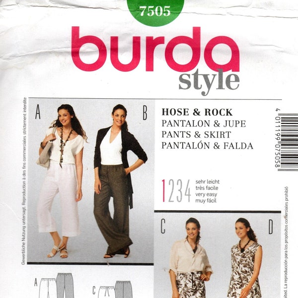 Burda Sewing Pattern 7505 - Misses'/Woman's Pull-On/Elastic/Drawstring Waist Pants or Skirts in Two Lengths - Burda Patterns - Sz 18 thru 34