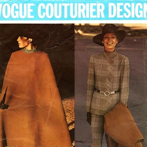 May include: Vintage fashion advertisement featuring two models. One model wears a brown cape and plaid pants. The other model is in a plaid suit with a matching hat and belt. The text "VOGUE COUTURIER DESIGN" and "FABIANI" are visible.