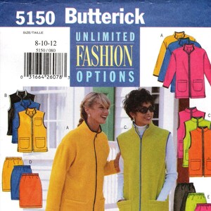 May include: A sewing pattern for a jacket and vest with unlimited fashion options. The pattern includes a yellow jacket, a green vest, a blue skirt, and black pants. The pattern is for sizes 8-10-12.