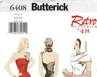 U-PICK SZ - Butterick 6408 Dress Pattern - Misses' Dropped Waist Evening Dress and Hooded Scarf - Butterick Retro 1948 Vintage Style