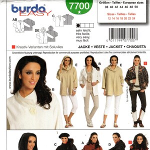 May include: A sewing pattern for a jacket with a hood. The pattern includes instructions for making different variations of the jacket, including a hooded jacket, a cape, and a vest. The pattern is available in sizes 38 to 50.