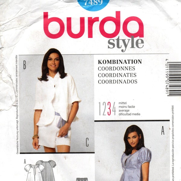 Burda Sewing Pattern 7489 - Misses' Co-ordinates - Ruffle Edge Jacket, Puffed Sleeve, Empire Top and Belted Cargo Shorts - Sz 6 thru 18