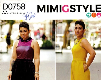 Könnte beinhalten: Ein Schnittmuster für einen Jumpsuit mit zwei verschiedenen Stilen. Der erste Stil ist ein schwarzer Jumpsuit mit einem lila Oberteil und der zweite Stil ist ein gelber Jumpsuit. Das Schnittmuster ist von Simplicity und ist für die Größen 10-18.