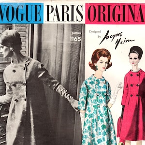 May include: Vintage Vogue Paris Original sewing pattern 1165 designed by Jacques Heim. The cover features illustrations of women in stylish coats and dresses. The color scheme includes red, blue, and white, with a black and white photo of a woman in a coat.