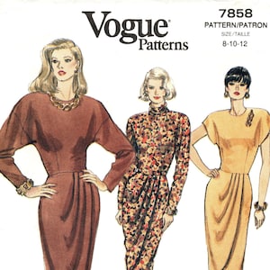 Sz 8/10/12 - 90s Vogue Dress Pattern 7858 - Misses&#39; Dress with Dropped Shoulder Bodice and Mock Wrap Skirt in Three Options - Vogue Patterns