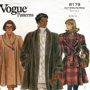 May include: Vogue Patterns sewing pattern number 8179 for sizes 8-10-12. The pattern includes three different styles of coats: a brown coat with a single button closure, a green coat with a shawl collar, and a red and black plaid coat with a belt.