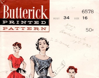 Sz 16 - Bust 34" - Vintage 50's Dress Pattern - Butterick 6578 - Misses' Flared, Bateau Neckline Dress with Choice of Dolman Sleeves