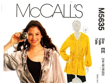 May include: A sewing pattern for a hooded jacket, a button-up jacket, and a blouse. The pattern is for sizes 14-16-18-20. The pattern is from McCall's and the pattern number is M5635.