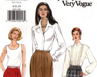 May include: A vintage sewing pattern from Very Easy Very Vogue, featuring illustrations of three different outfits. The outfits include a white tank top and red shorts, a white button-down shirt and brown pants, and a white blouse and plaid skirt.