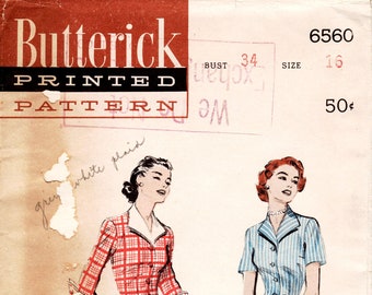 SZ 16/Bust 34" - Vintage 50s Dress Pattern - Butterick 6560 -  Misses' Two-Piece Dress with Detachable Collar and Cuffs - Butterick Patterns