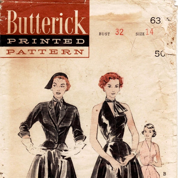 SZ 14/Bust 32" - Vintage 50s Dress Pattern - Butterick 6314 -  Misses' V-Neck Sleeveless Dress & Nipped Waist Jacket - Butterick Patterns