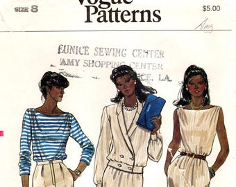 May include: Vogue Patterns sewing pattern featuring three women in 1980s fashion. The illustrations showcase a striped top, a double-breasted suit, and a sleeveless dress. The pattern includes the text "7589" and "SIZE 8".