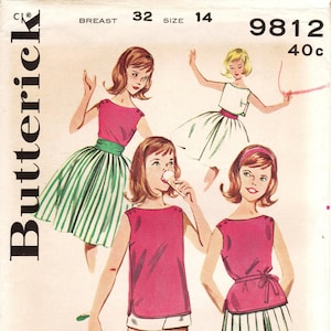 Butterick Sewing Pattern 9812 -  Girls&#39; Casual Coordinates - Overblouse w/Tie Belt, Skirt. Top, Short Shorts, Cummerbund - Sz 14/Breast 32&quot;