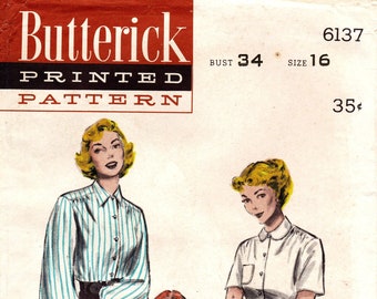 Butterick Sewing Pattern 6137 - Misses' 1950's Tailored, Button Front Shirt in Three Versions - SZ 16/Bust 34"