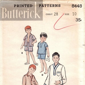 Sz 10/Chest 28&quot; - Butterick Boys&#39; Pattern 8448 - Boys&#39; Pajamas: Long or Short Length - Original Vintage 50&#39;s Butterick Pattern