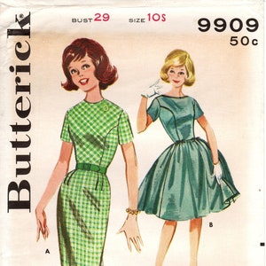 Sz 10S/Bust 29&quot; - Butterick Girls&#39; Pattern 9909 -  Girls&#39;/Sub-Teen Basque Bodice Dress in Two Options - Original 60&#39;s Butterick Pattern