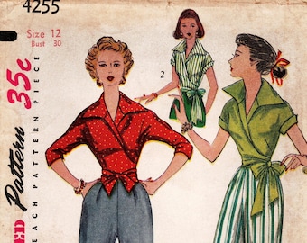 SZ 12/Bust 30" - Vintage 50s Simplicity 4255 -  Misses' Wrap Around Blouse and Pedal Pushers/Cropped Pants - Simplicity Patterns