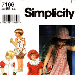 Maat: 2/3/4 – Simplicity-kinderpatroon 7166 – jurk met jukstuk meisjes/peuters, omkeerbaar overgooier of topje, slipje en muts – Simplicity Patterns