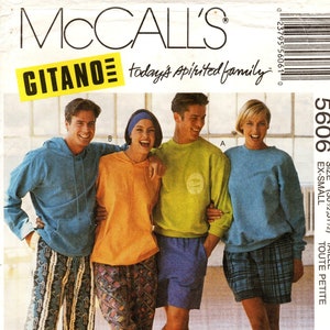 Unisex Sz Ex-Small - McCall's Separates Pattern 5606 by GITANO - Misses' or Men's Hooded Top, Sweatshirt/Top, Pants or Shorts
