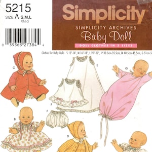 May include: Simplicity Baby Doll sewing pattern. The image shows various doll clothes designs, including a red coat, a white dress with lace trim, a pink sleep sack, and a yellow plaid outfit. The pattern is designed by Teri.
