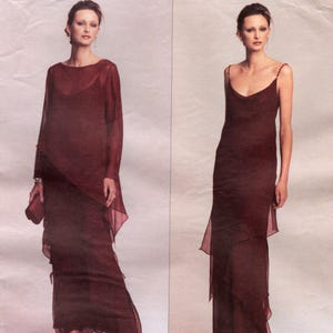 May include: Two women model burgundy evening gowns. One gown has a flowing overlay, the other a spaghetti strap design. The pattern is by Tom and Linda Platt, Vogue American Designer. The pattern number is 2746, with sizes 8, 10, and 12.