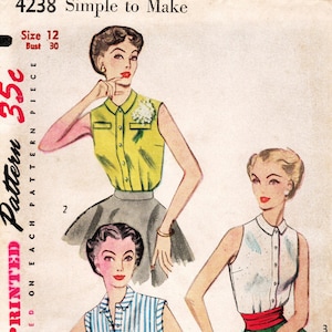 SZ 12/Bust 30&quot; - Vtg 50s Blouse Pattern - Simplicity 4238 -  Misses&#39; Sleeveless Button Front Blouse in Three Options - Simple to Make