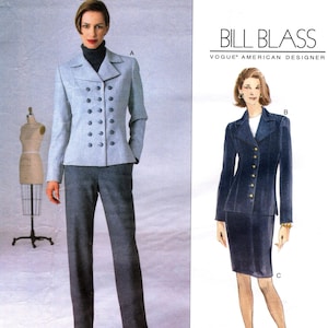 May include: Vogue Patterns sewing pattern featuring designs by Bill Blass. The pattern includes a double-breasted jacket and pants ensemble, and a skirt suit. The pattern is for sizes 12-14-16.