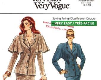 May include: Very Easy Very Vogue sewing pattern 7650 for sizes 6-8-10. The pattern features illustrations of two women's suits. One suit is a tan skirt suit with a cape-like jacket. The other is a blue skirt suit.