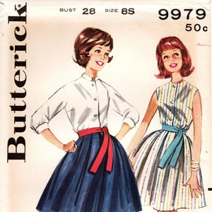 U-PICK Sz - Butterick Girls&#39; Pattern 9979 -  Sub-Teen Full Skirted Coordinates - Box Pleated Skirt & Blouse in Two Options - 60&#39;s Pattern