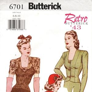 U-Pick Size - Butterick 6701 - Misses&#39; Fitted Blouse with Shaped Hemline and Back Peplum in Two Options - Vintage 1943 Reissued Pattern