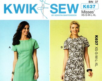 May include: Sewing pattern for a dress with two different styles. The first style is a solid green dress with a scoop neck and short sleeves. The second style is a black and white floral dress with a scoop neck and short sleeves. The pattern is called "Kwik Sew" and the number is "K637".