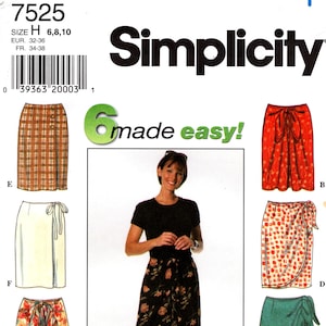 May include: Simplicity sewing pattern 7525 for size H 6, 8, 10. The envelope features illustrations of six skirt variations labeled A through F, including plaid, floral, and solid wrap-style skirts with tie-waist details and side buttons.