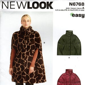 May include: A New Look sewing pattern, N6768, featuring a cape with a giraffe print. The pattern includes options for a green and a burgundy cape. The pattern is designed and printed in the USA.