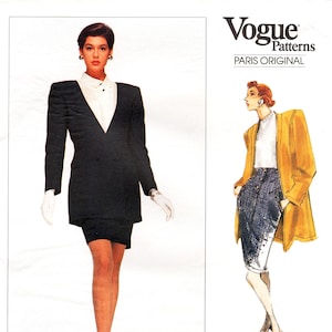 Könnte beinhalten: Vogue Patterns Schnittmuster. Das Bild zeigt ein schwarzes Blazerkleid mit weißem Hemd und einen gelben Mantel mit Rock und Bluse. Das Wort "Montana" ist unten in Kursivschrift geschrieben. Das Muster ist als fortgeschritten eingestuft.