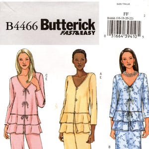 Patrón de costura Butterick B4466 - Blusa de cuello en V, jersey, blusa abotonada con volantes escalonados, falda y pantalones con cintura elástica para mujer (Tallas 16/18/20/22)