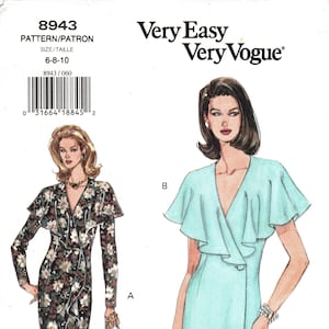Sz 6/8/10 - Vogue Pattern 8943 - Misses&#39; Semi-Fitted, V- Neckline, Cape Collar, Wrap Dress in Two Variations - Very Easy Very Vogue