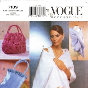 May include: A sewing pattern for a variety of accessories, including a pink rose-shaped handbag, a light blue satin handbag with rose trim, a pink rose-shaped clutch, and a white satin shawl. The pattern is from Vogue Accessories and is size one.