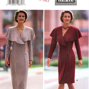 May include: Butterick sewing pattern featuring two elegant dresses. One dress is a light gray with a wrap-style bodice and button details. The other is a burgundy dress with a similar design. The pattern includes sizes 6-8-10.
