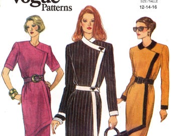 May include: Vogue Patterns 8481. A vintage sewing pattern featuring three dress designs. The dresses are in shades of pink, black and white, and gold with black accents. The pattern size is 12-14-16.