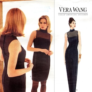 Puede incluir: Patrón Vogue con diseño de Vera Wang. La imagen muestra un vestido negro con escote transparente y silueta ajustada. El patrón incluye tallas 6-8-10. El logotipo de Vogue y el nombre del diseñador son visibles.
