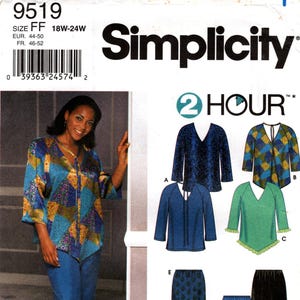 May include: Simplicity sewing pattern 9519 for size FF 18W-24W. The envelope features illustrations of various tops and bottoms, including a patchwork blouse, a solid green top with ruffled edges, a long skirt, and straight-leg trousers.